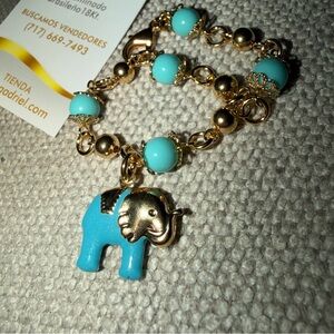 18kt Gold and Turquoise Teal Blue Elephant Beaded Charm Bracelet